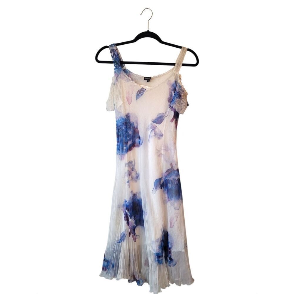 Komarov Crinkle White Midi Dress with Blue Floral Print Women's Size XS